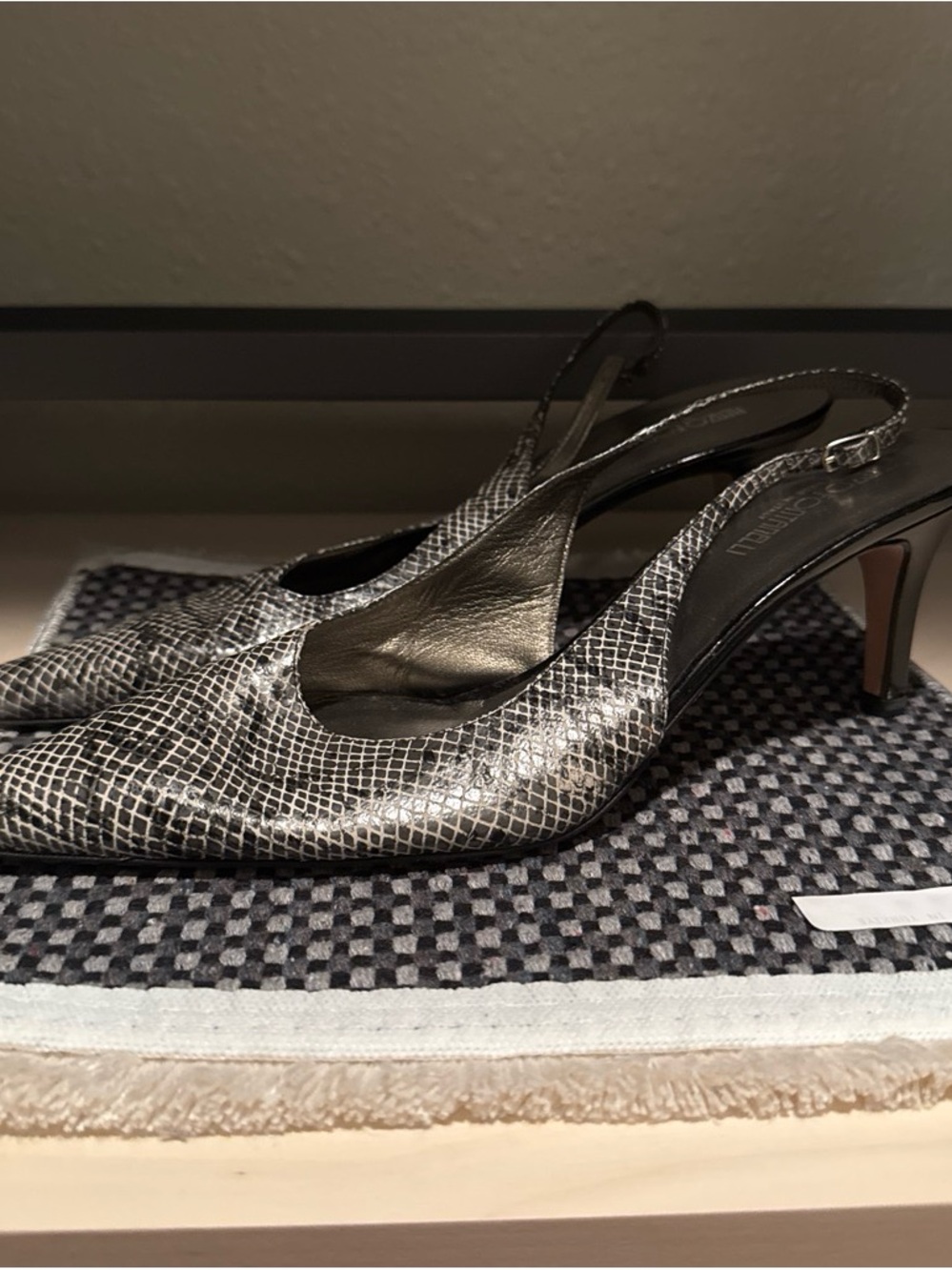 Pointed Slingback Heels in Metallic Black Snake Print